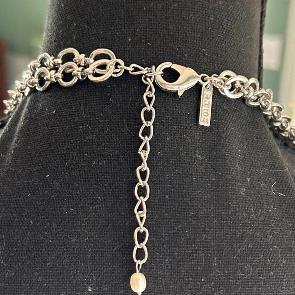 WHBM White House Black Market Silver Tone Layered Necklace Blue Stone Faux Pearl